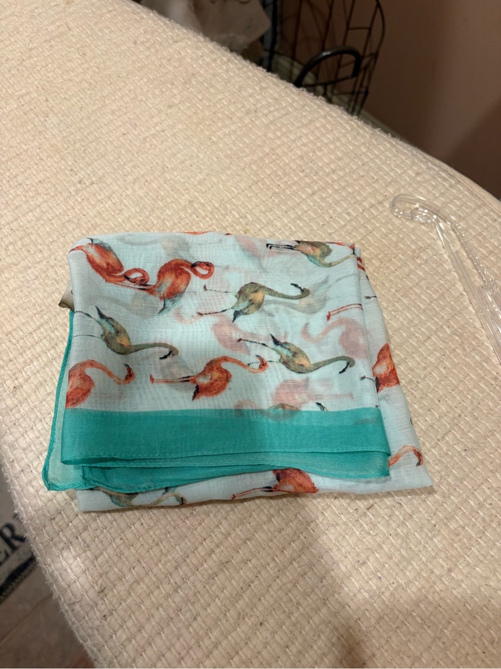 Aqua Flamingo Print Lightweight Scarf with Teal Border